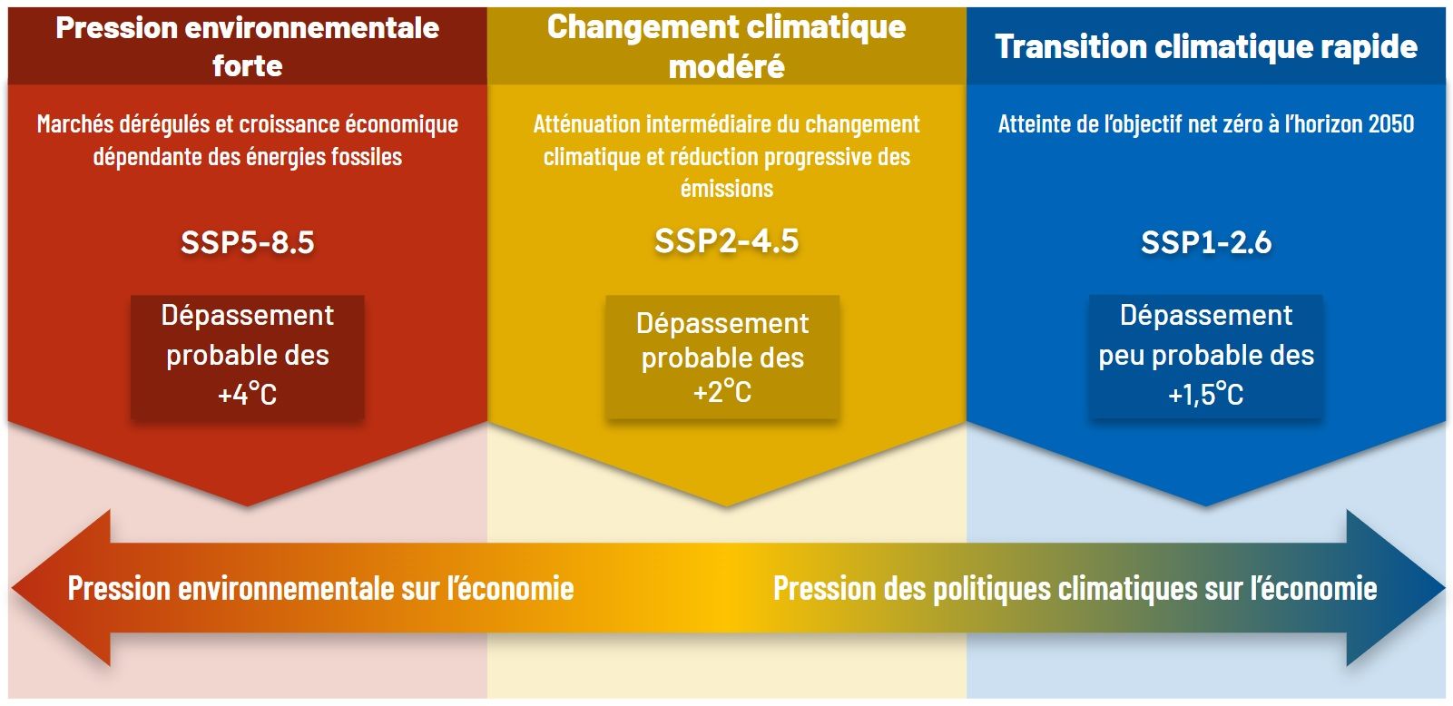Spectre de scénarios climatiques allant d'une “forte pression environnementale” à une “transition rapide”, alignée avec une trajectoire +1,5°C.